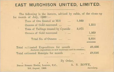 Carta postal britânica — retorno de mineração — East Murchison United, Limited, Londres — Verso