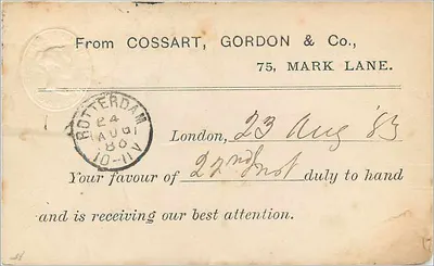 Karta pocztowa z Rotterdamu — Rotterdam, 23 sierpnia 1883 — Cossart, Gordon & Co., Londyn — Rewers