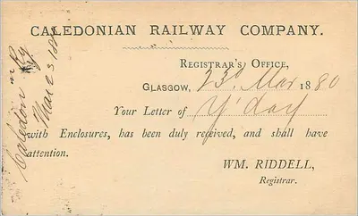 Cartolina postale britannica — timbro da mezzo penny — destinata al Bank of Rotterdamland, Kendal — retro: Caledonian Railway Company, Glasgow — Verso