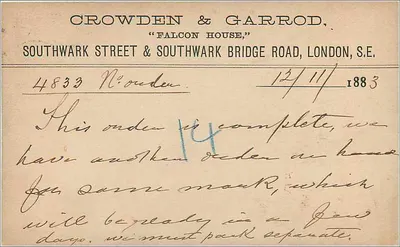 Angielska pocztówka — Crowden & Garrod, Falcon House — datowana 12/11/1883 — Rewers