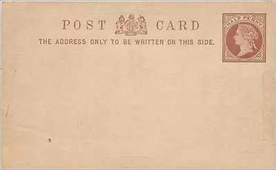 Carta postal britânica — selo de meia penny da rainha Vitória — frente em branco