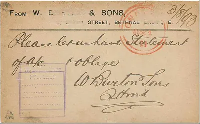 Bethnal Green — Cartolina commerciale — W. E. T. & Sons — Verso