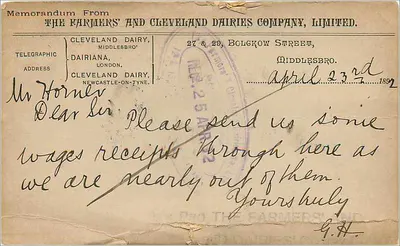 Carte postale de Middlesbrough — Cleveland Dairy — éditeur non visible, n° de série non lisible — Verso