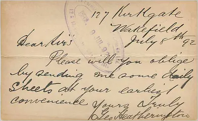 Wakefield — Karta pocztowa datowana 8 lipca 1892 — wydawca nie widoczny — Rewers