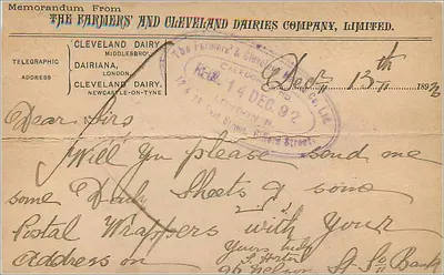 Cleveland Dairies' Co. Ltd. — solicitação de folhas de papel de embalagem — editor não visível — Verso