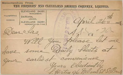 Carta postal comercial — Cleveland Dairies Co. Ltd. — editor desconhecido, número de série não visível — Verso