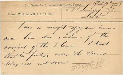 Newcastle-on-Tyne — carta postal por volta de 1878 — editor não identificado — Verso