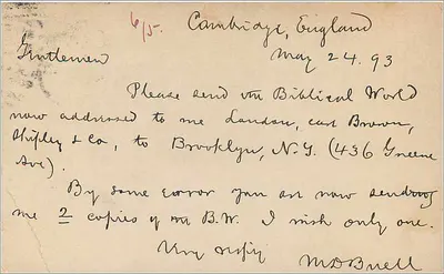 Cambridge, Inglaterra — carta postal enviada a Chicago — editor: University Press of Chicago — Verso