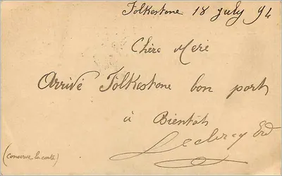 Folkestone — Lille — 18 juillet 1894 — Union Postale Universelle — Verso