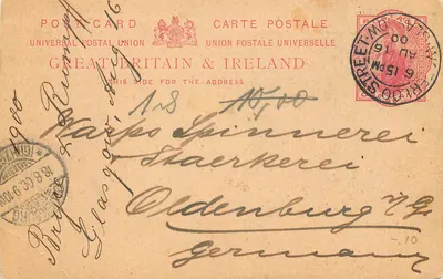 Glasgow — carta postal enviada para Oldenburg — Bryce & Rumpff