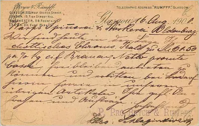 Glasgow — carta postal enviada para Oldenburg — Bryce & Rumpff — Verso
