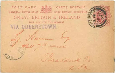 Queenstown — carta postal enviada de Nottingham — editor União Postal Universal
