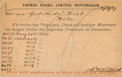 Nottingham — carta postal britânica — Thomas Adams, Limited, Nottingham — Verso