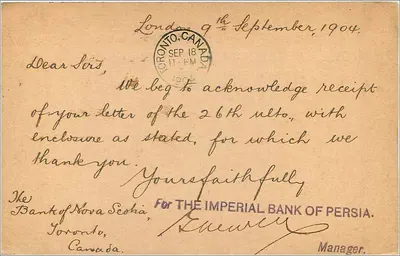 Banca della Nuova Scozia — Toronto, Canada — Banca Imperiale della Persia — Verso