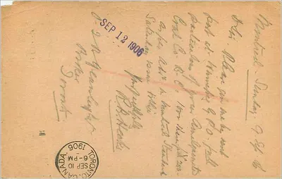 Toronto — carta postal enviada em 10 de setembro de 1906 — editor desconhecido, número de série não visível — Verso