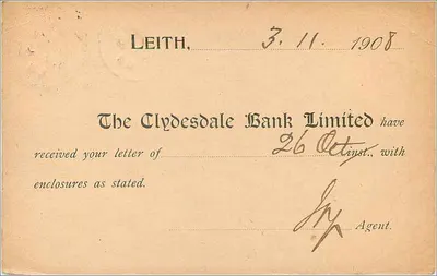Leith — ClydeSDale Bank Limited — carta postal de agente — Verso