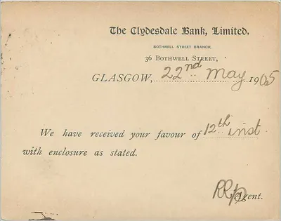 Glasgow — Clydebank Branch — The Clydesdale Bank, Limited — 1905 — Verso