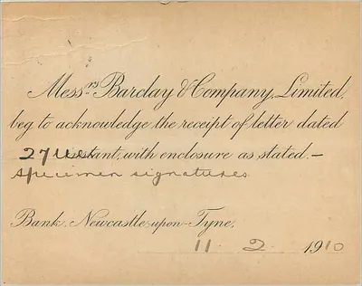 Newcastle-upon-Tyne — Specimen signatures — Barclay & Company, Limited — Verso