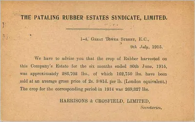 Carta postal comercial — Pataling Rubber Estates Syndicate — Londres, 9 julho 1915 — Verso