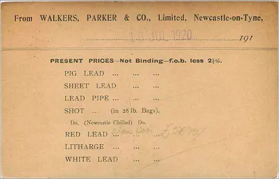 Carte postale commerciale — Newcastle-on-Tyne — Walkers, Parker & Co. — 1920 — Verso