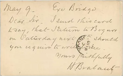 Antieke ansichtkaart — adres naar Andover, Hampshire — halfpenny-stempel en poststempel 'FIVE M.Y. 9 1880' — Achterkant