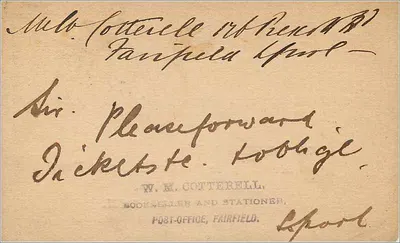 Entrega em Liverpool — cartão postal com carimbo e selo postal — destinado a W. Woodley em Woolwich — Verso