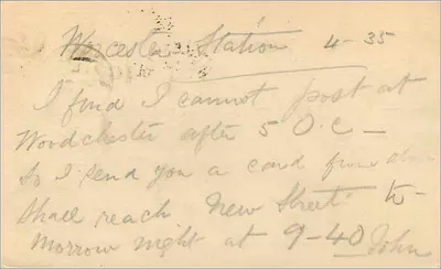 Worcester Station — carta postal datada de abril de 1922 — editor não visível — Verso