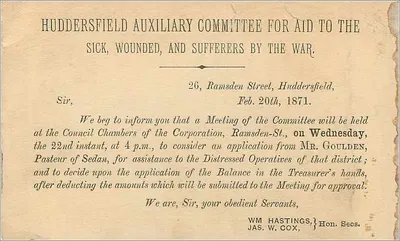 Huddersfield Auxiliary Committee — Assistência aos Feridos e Sofrimentos da Guerra — 1871 — Huddersfield — Verso