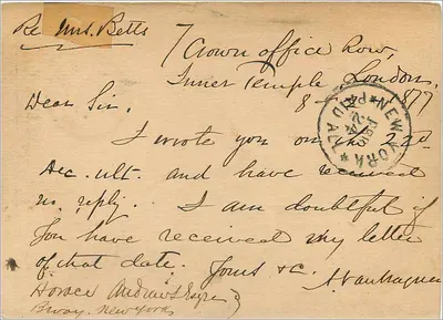 Carta postal estrangeira — Londres para Nova York — editor anônimo, n°10 — Verso