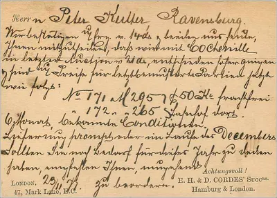 Carte postal estrangeira — Londres, Reino Unido — editor E. H. & D. Cordes' Succs. — Verso