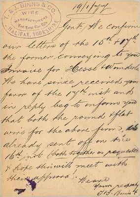 Halifax - Basel — carta postal estrangeira da Poste Union — T. & J. Binns & Co. — Verso
