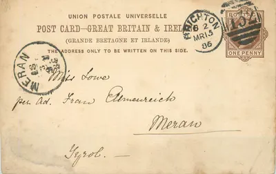 Meran — Carta postal enviada de Brighton, 1886 — Union Postale Universelle