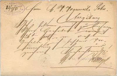 Lancaster — carta postal britânica remetida a Augsburg — União Postal Universal — Verso