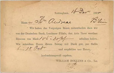 Nottingham — carta postal comercial — União Postal Universal — Verso