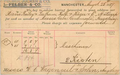 Manchester — Tarjeta postal enviada hacia Augusta — Editor J. Felber & Co. — Reverso