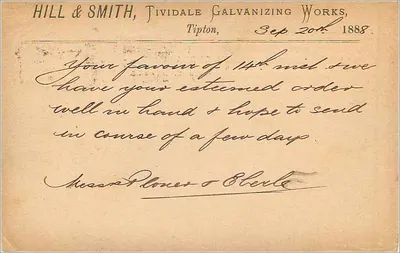 Tipton — carta postal comercial — Hill & Smith, Tividale Galvanizing Works — Verso