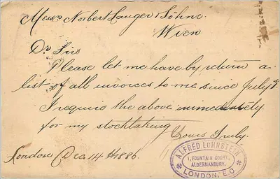 Wiedeń — kartka pocztowa wysłana do Londynu — wydawca Union Postale Universelle — Rewers