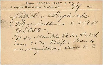 Carta postal de Londres para Viena — editor Jacobs Hart & Co. — n° 189/1891 — Verso