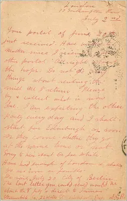 Carta postal de Londres — União Postal Universal — Grã-Bretanha e Irlanda — selo de 1 penny — Verso