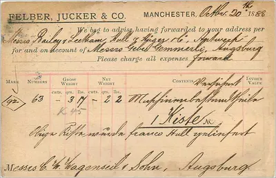Manchester — carta postal comercial — Felber, Jucker & Co. — Verso