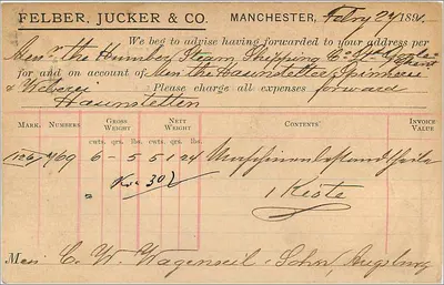 Manchester — carta postal comercial — Felber, Jucker & Co. — Verso