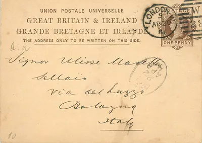 Londres — carta postal enviada para Bologna — União Postal Universal