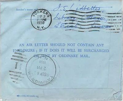 Carta aérea de Stonbury (Somerset) para Yonkers (N.Y.) — editor não visível, número de série ilegível — Verso