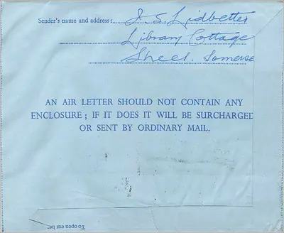 Aerograma — Stonbury, Somerset — 1958 — Verso