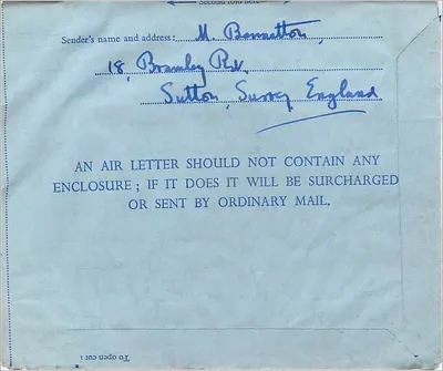 Carta aérea de Londres — 15 de dezembro de 1958 — editor Royal Mail, número de série não visível — Verso
