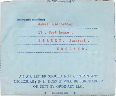 航空明信片 — 英格兰索默塞特至纽约扬克斯 — 出版商不可见 — 背面