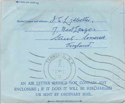イングランド・タムワース — ニューヨークへの航空郵便 — 発行者 'BY AIR MAIL' および 6ペンスの切手 — 裏面