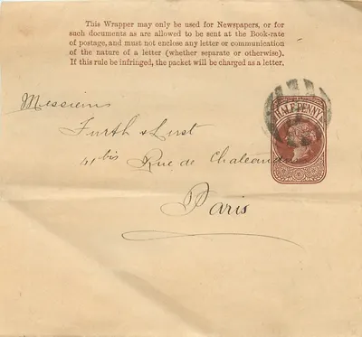 Carta-postal inglesa com endereço para Paris — selo Half Penny