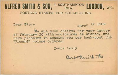 Karta pocztowa z Londynu do Bostonu — wydawca Alfred Smith & Son — Rewers