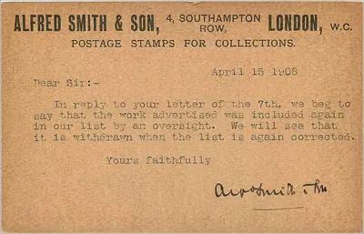 Cartolina d'epoca del Regno Unito e Irlanda — timbro da 1 penny — editore Alfred Smith & Son, Londra — Verso